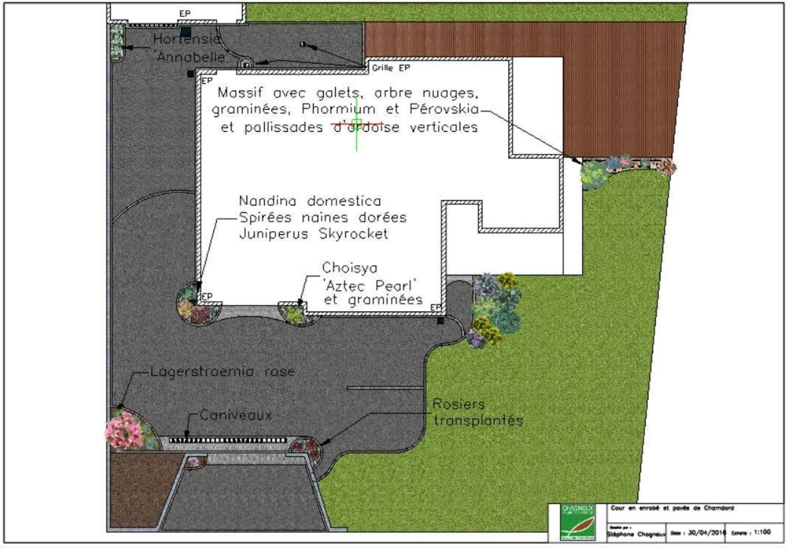 Le plan 2D : implantations, matériaux et végétaux. (Chagneux Environnement, Ain)